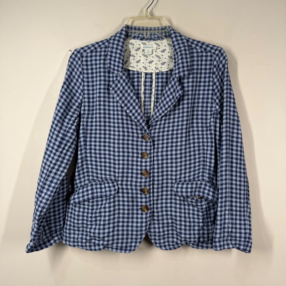 Sundance Womens Blue Gingham 100% Linen Button Front Blazer Jacket Size PS